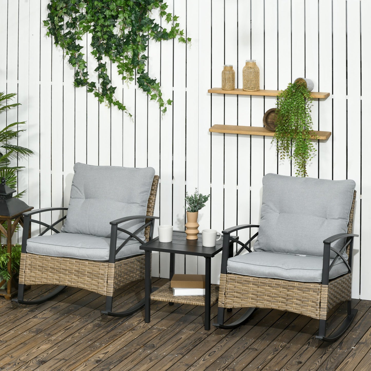 -Outsunny 3 Piece Rocking Wicker Bistro Set, Outdoor Patio Furniture Set with 2 Rocker Chairs, Cushions & Coffee Table for Garden, Backyard, Light Grey - Outdoor Style Company