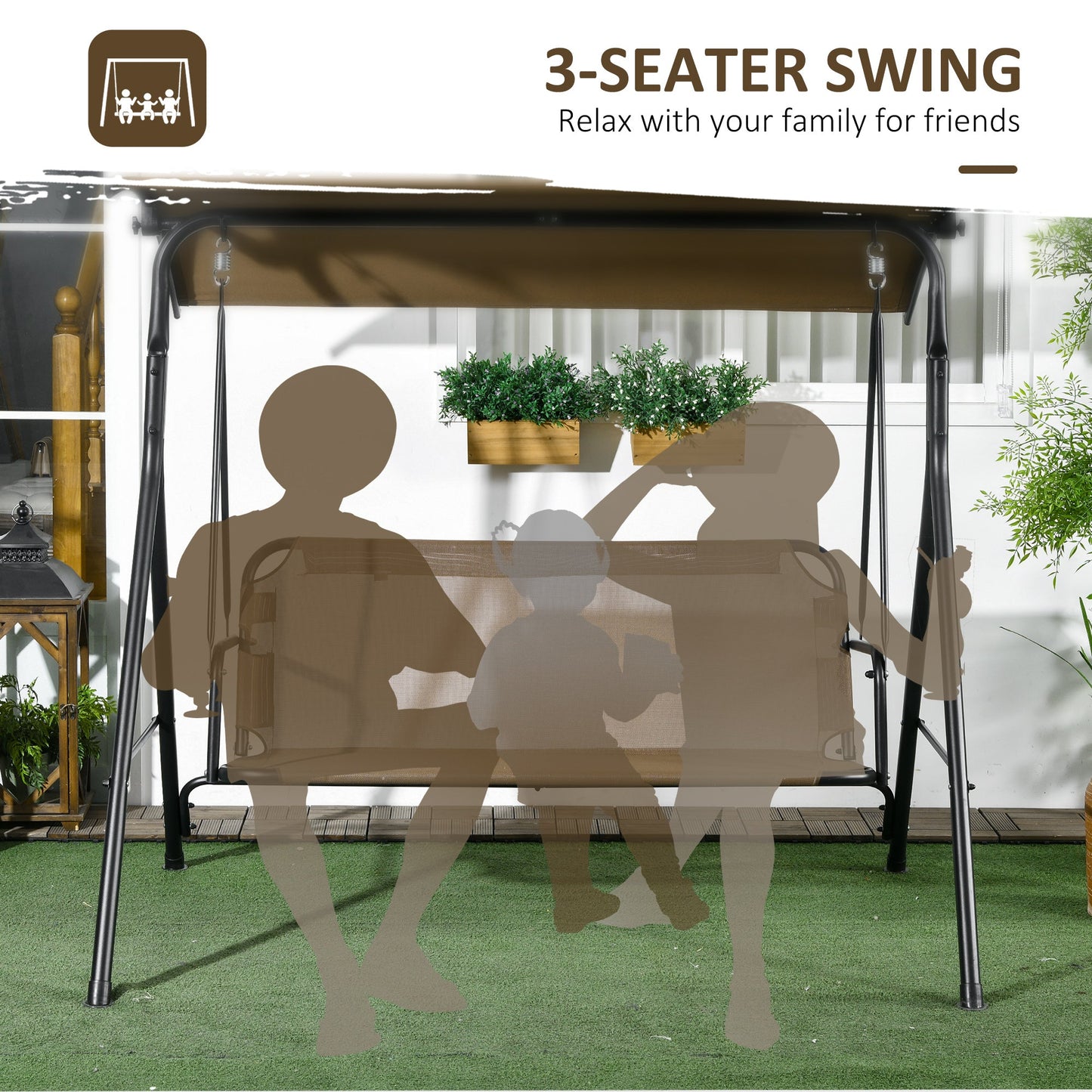 -Outsunny 3-Seat Outdoor Patio Swing Chair, Steel Frame Stand, Adjustable Tilt Canopy for Patio, Garden, Brown - Outdoor Style Company