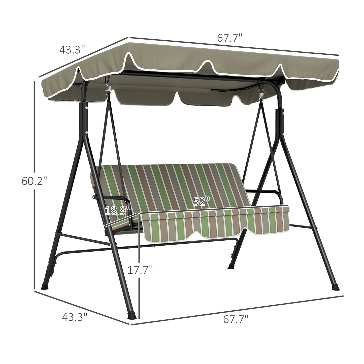 '-Outsunny 3-Seat Outdoor Patio Swing Chair w/ Cushion, Steel Frame Stand, Adjustable Tilt Canopy for Patio, Garden, Beige & Green - Outdoor Style Company