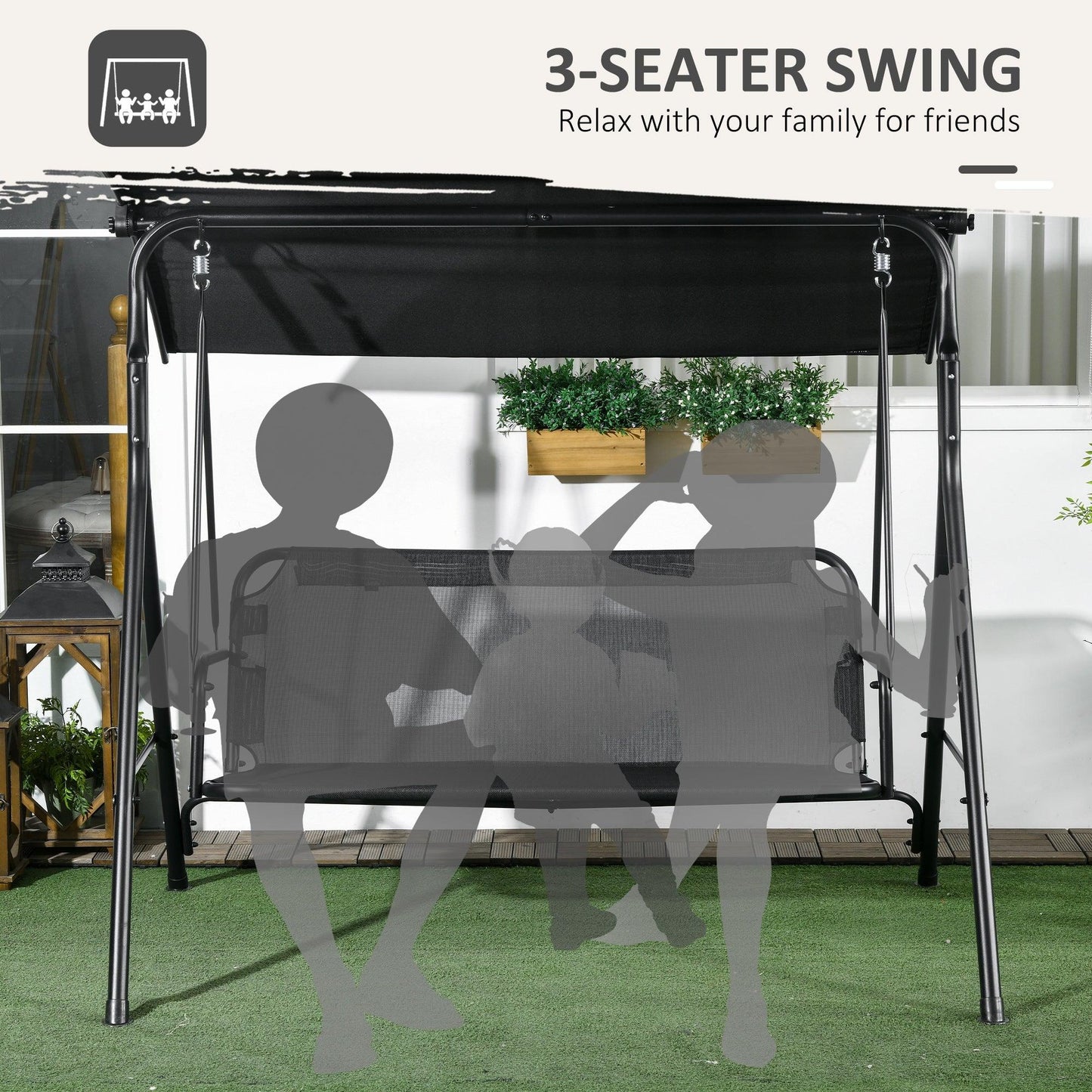 '-Outsunny 3-Seat Outdoor Patio Swing Chair w/ Cushion, Steel Frame Stand, Adjustable Tilt Canopy for Patio, Garden, Black 1 - Outdoor Style Company