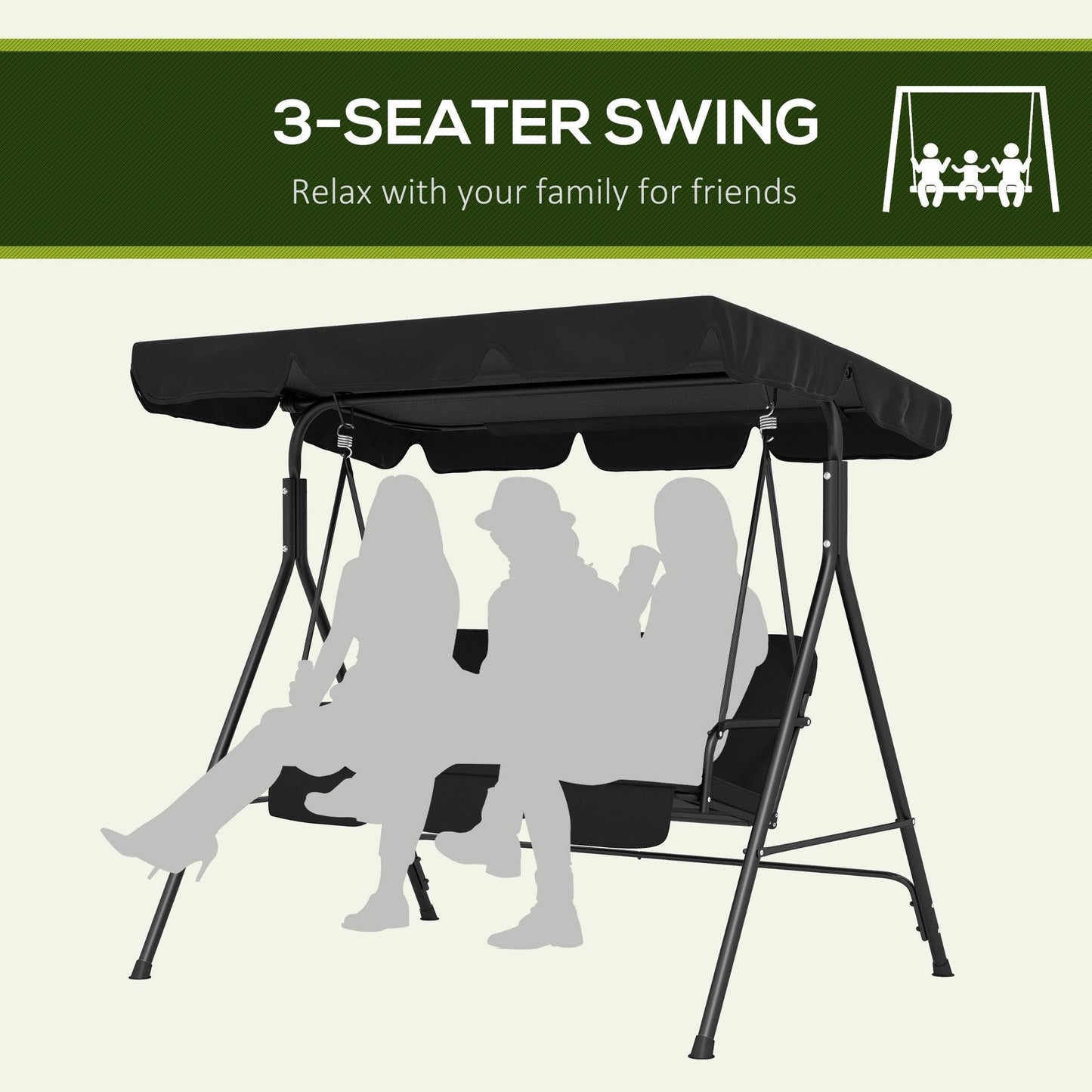 '-Outsunny 3-Seat Outdoor Patio Swing Chair w/ Cushion, Steel Frame Stand, Adjustable Tilt Canopy for Patio, Garden, Black 2 - Outdoor Style Company