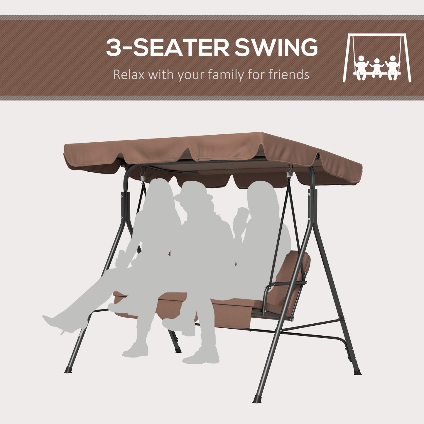 -Outsunny 3-Seat Outdoor Patio Swing Chair w/ Cushion, Steel Frame Stand, Adjustable Tilt Canopy for Patio, Garden, Brown 2 - Outdoor Style Company