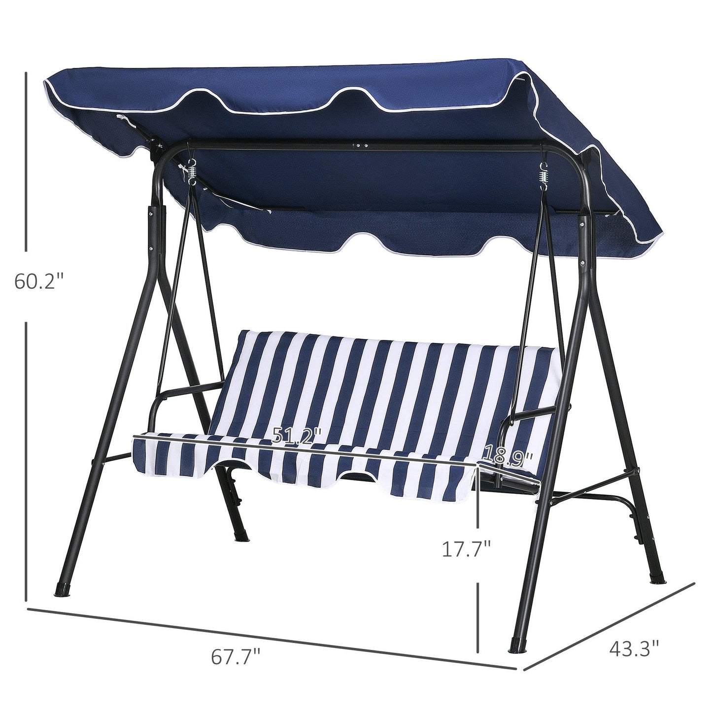 '-Outsunny 3-Seat Outdoor Patio Swing Chair with Cushion, Steel Frame Stand, Adjustable Tilt Canopy for Patio, Garden, Dark Blue - Outdoor Style Company