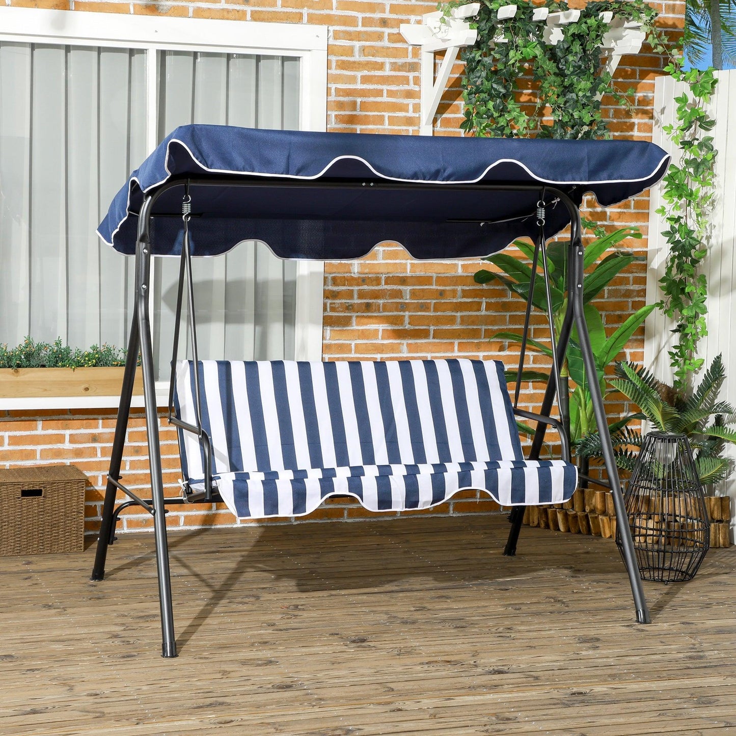 '-Outsunny 3-Seat Outdoor Patio Swing Chair with Cushion, Steel Frame Stand, Adjustable Tilt Canopy for Patio, Garden, Dark Blue - Outdoor Style Company