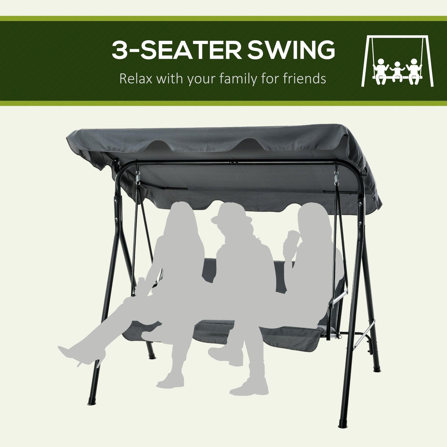 '-Outsunny 3-Seat Outdoor Patio Swing Chair with Cushion, Steel Frame Stand, Adjustable Tilt Canopy for Patio, Garden, Gray - Outdoor Style Company