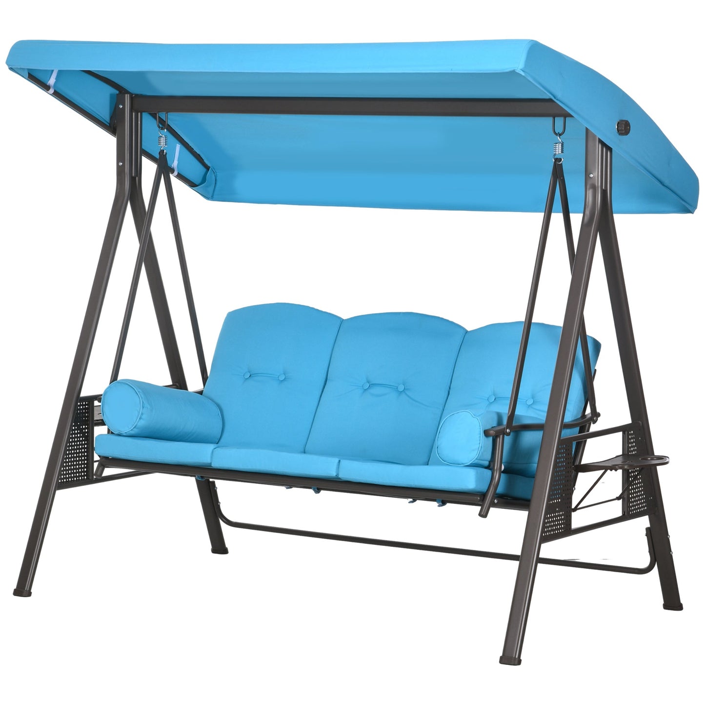 -Outsunny 3-Seat Outdoor Porch Swing Chair with Adjustable Canopy, Cushion and Pillows for Garden, Poolside, Blue - Outdoor Style Company