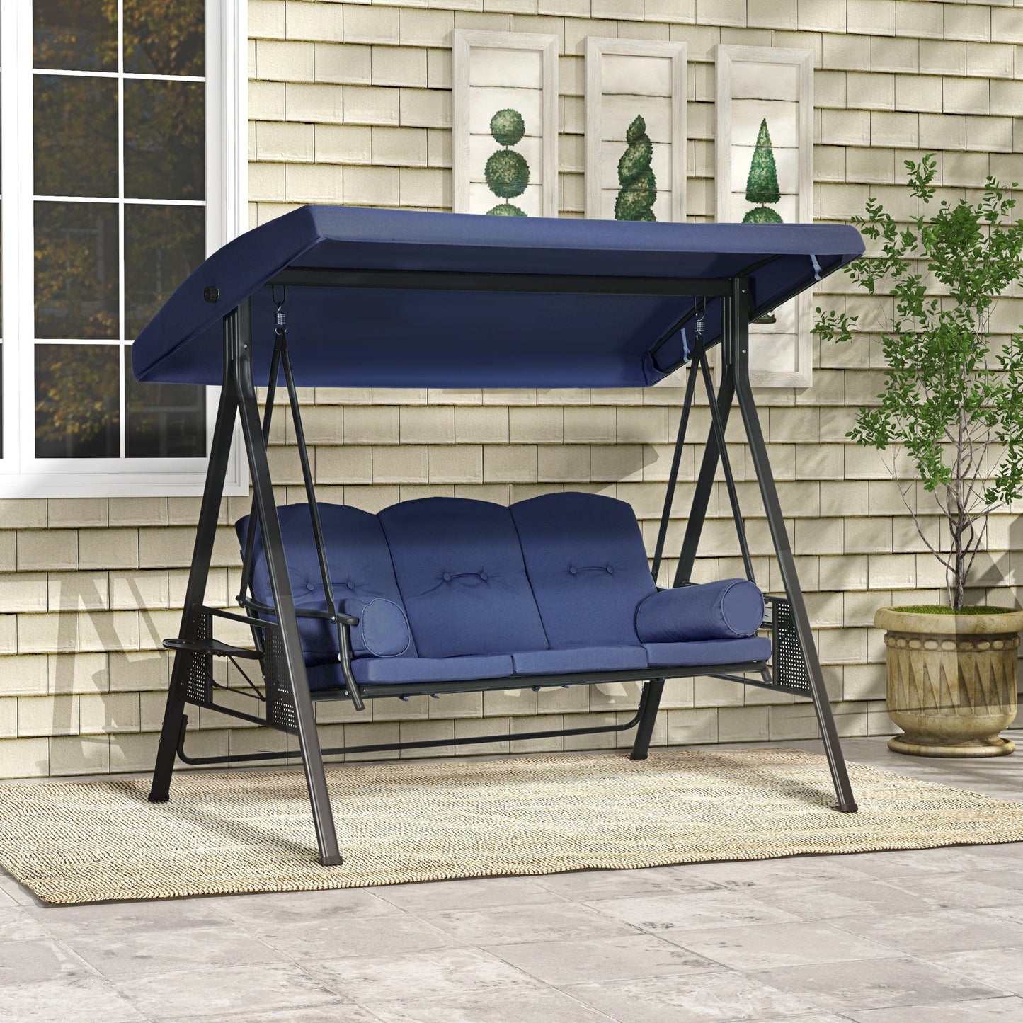-Outsunny 3-Seat Outdoor Porch Swing Chair with Adjustable Canopy, Cushion and Pillows for Garden, Poolside, Dark Blue - Outdoor Style Company