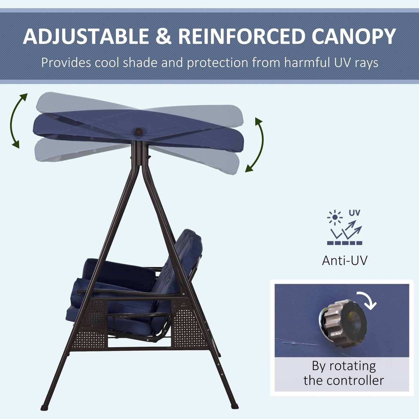 -Outsunny 3-Seat Outdoor Porch Swing Chair with Adjustable Canopy, Cushion and Pillows for Garden, Poolside, Dark Blue - Outdoor Style Company