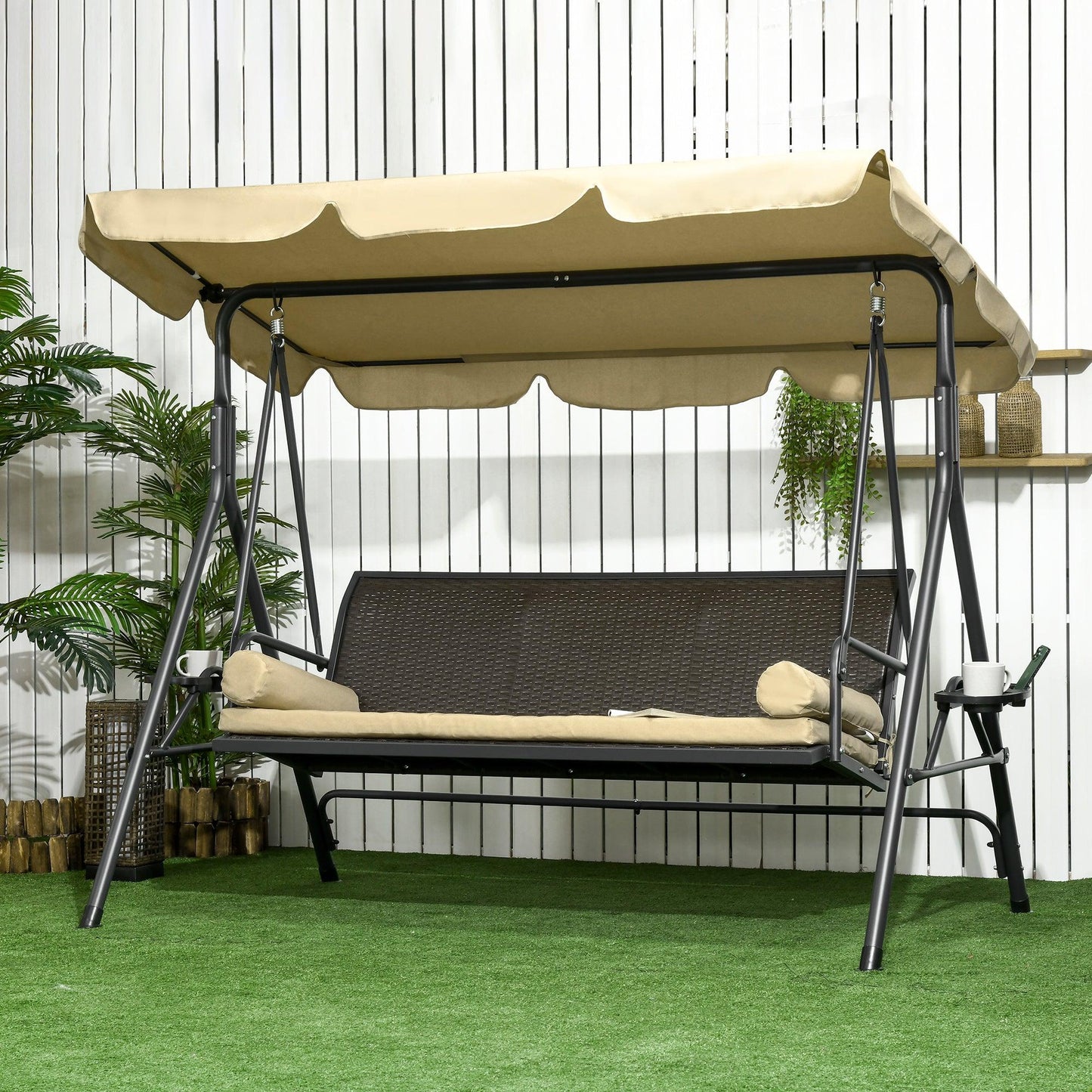 '-Outsunny 3-Seat Patio Swing Chair, Outdoor Canopy Swing Glider with Removable Cushion, Pillows, Adjustable Shade, and Rattan Seat - Outdoor Style Company