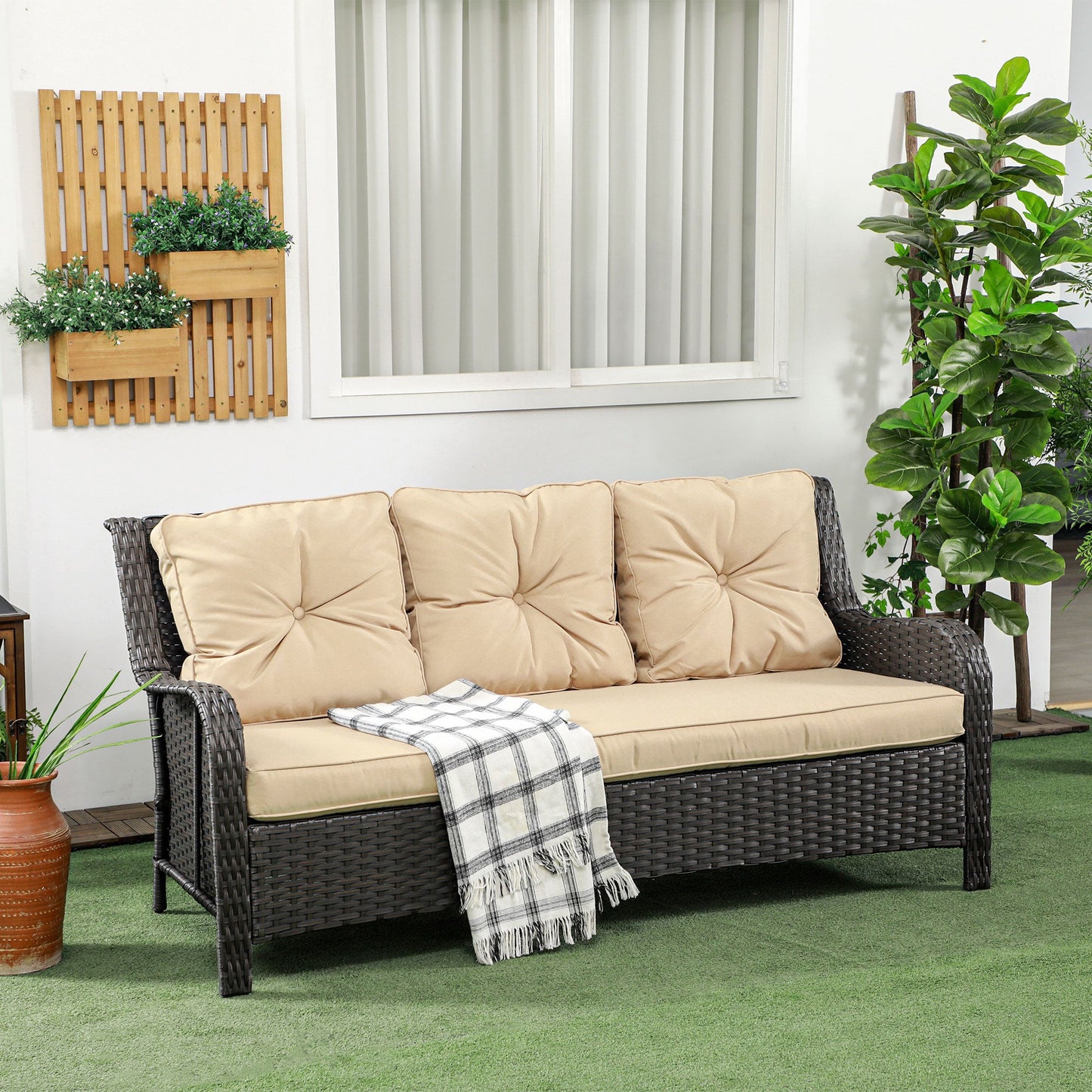 '-Outsunny 3-Seater Outdoor Sofa with 4" Thick Padded Cushions, PE Rattan Patio Outdoor Couch with Curved Armrests, for Conservatory, Garden, Beige - Outdoor Style Company