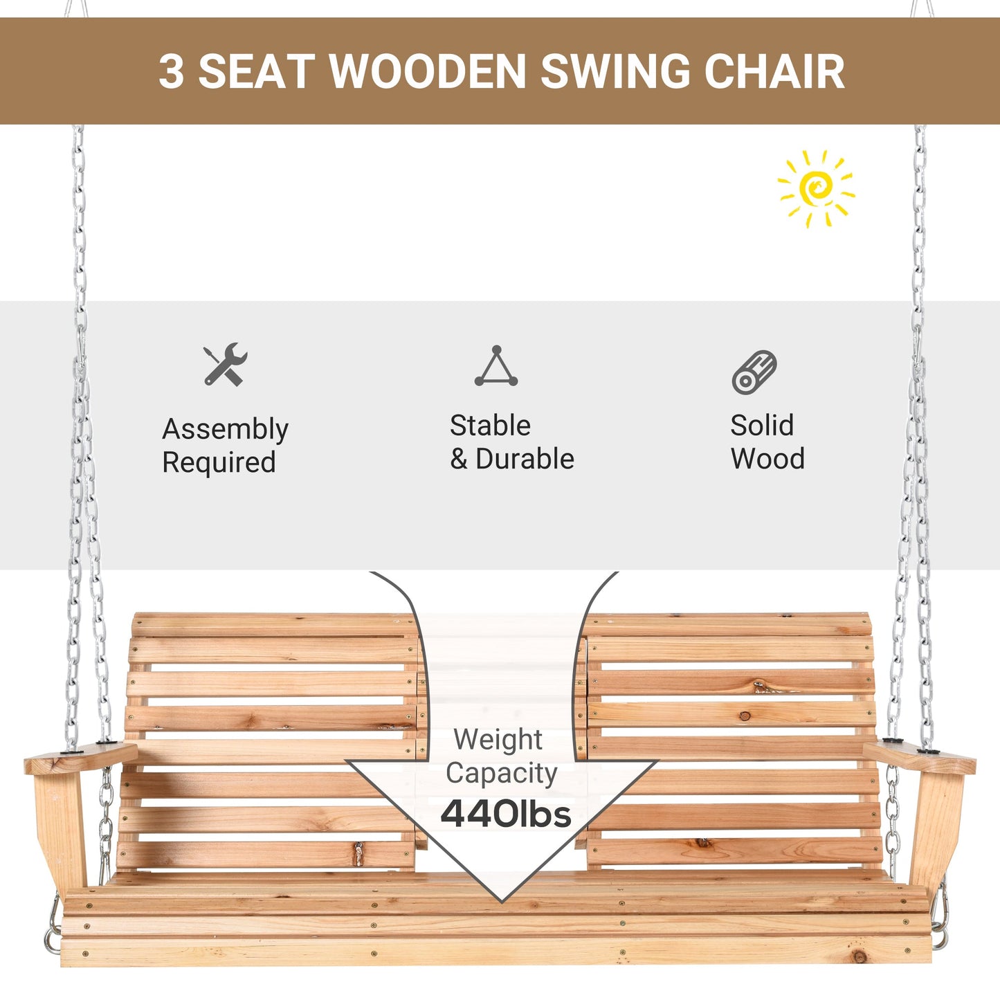 '-Outsunny 3-Seater Wooden Porch Swing, Patio Swing Bench with Folding Coffee Table, Cup Holders and Chains Included, 440lbs Weight Capacity, Natural - Outdoor Style Company