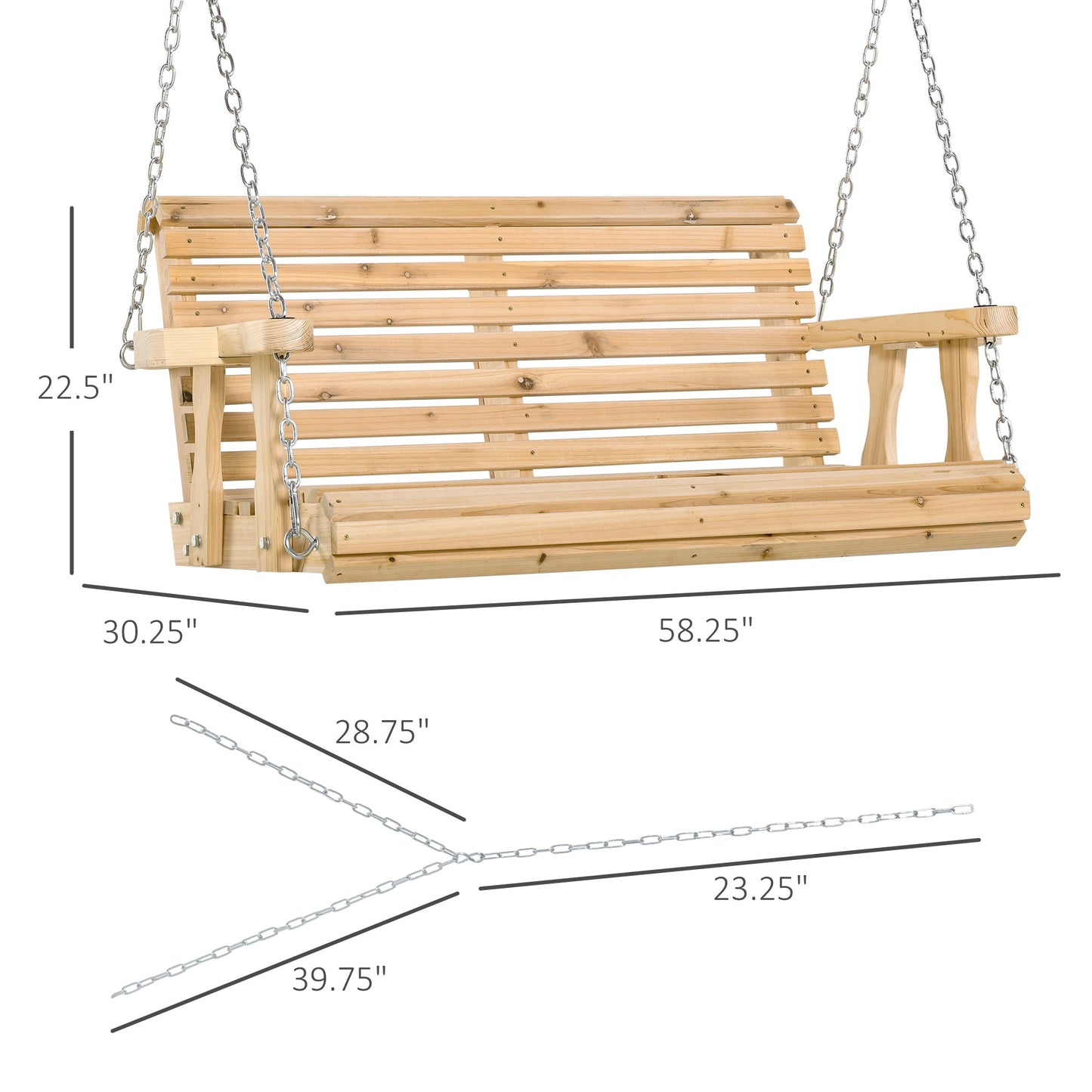 '-Outsunny 3-Seater Wooden Porch Swing, Patio Swing Bench with Folding Coffee Table, Cup Holders and Chains Included, 440lbs Weight Capacity, Natural - Outdoor Style Company