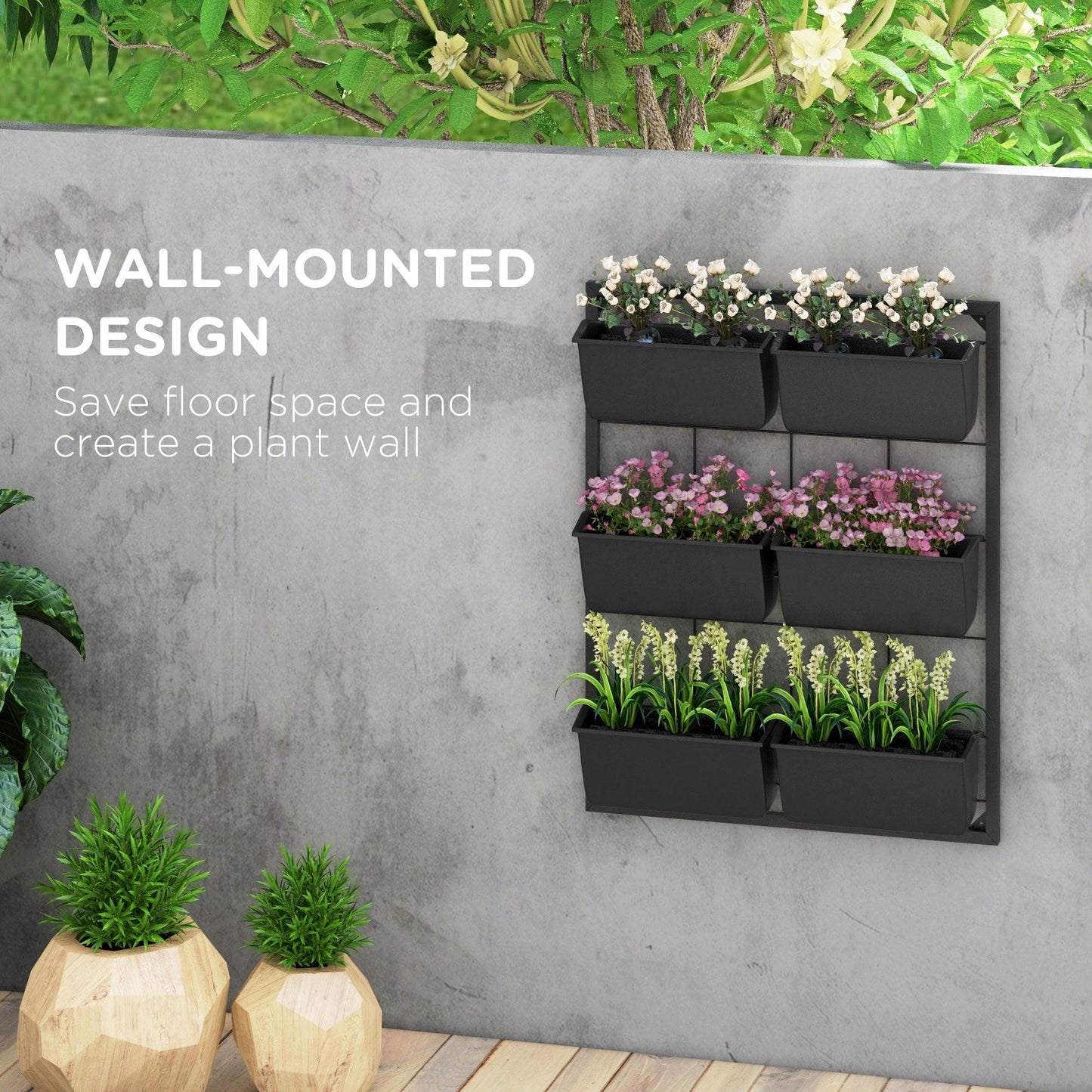 Side Tables - Outsunny 3 - Tier Wall Planter Hanging with 6 Pots, Wall Mounted Planter Holder with Water Drainages for Flowers, Vegetable, Black - Outdoor Style Company