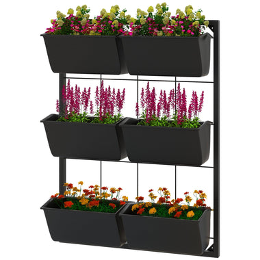 Side Tables - Outsunny 3 - Tier Wall Planter Hanging with 6 Pots, Wall Mounted Planter Holder with Water Drainages for Flowers, Vegetable, Black - Outdoor Style Company