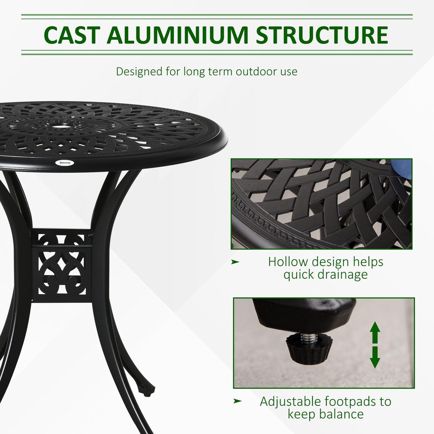 '-Outsunny 30" Round Patio Dining Table with Umbrella Hole, Antique Cast Aluminum Outdoor Bistro Table, Black - Outdoor Style Company