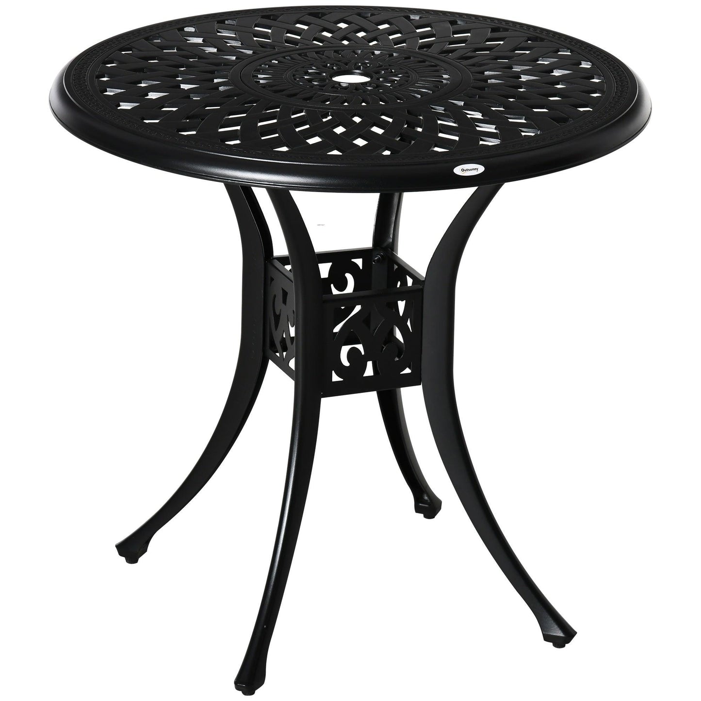 '-Outsunny 30" Round Patio Dining Table with Umbrella Hole, Antique Cast Aluminum Outdoor Bistro Table, Black - Outdoor Style Company