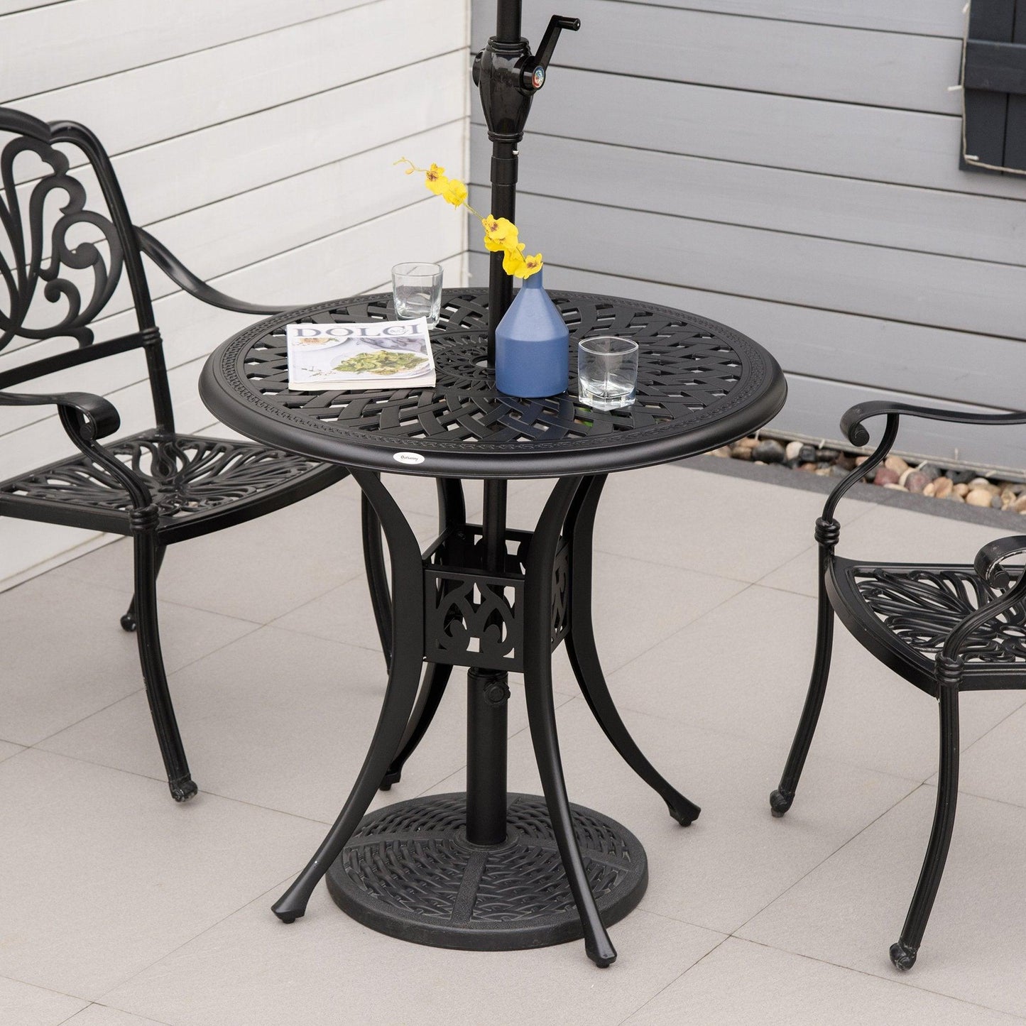 '-Outsunny 30" Round Patio Dining Table with Umbrella Hole, Antique Cast Aluminum Outdoor Bistro Table, Black - Outdoor Style Company