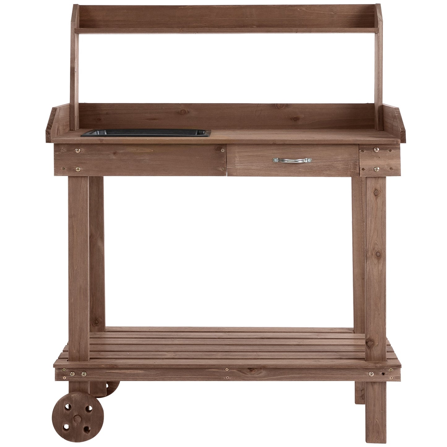 -Outsunny 36'' Wooden Potting Bench Work Table with 2 Removable Wheels, Sink, Drawer & Large Storage Spaces, Brown - Outdoor Style Company
