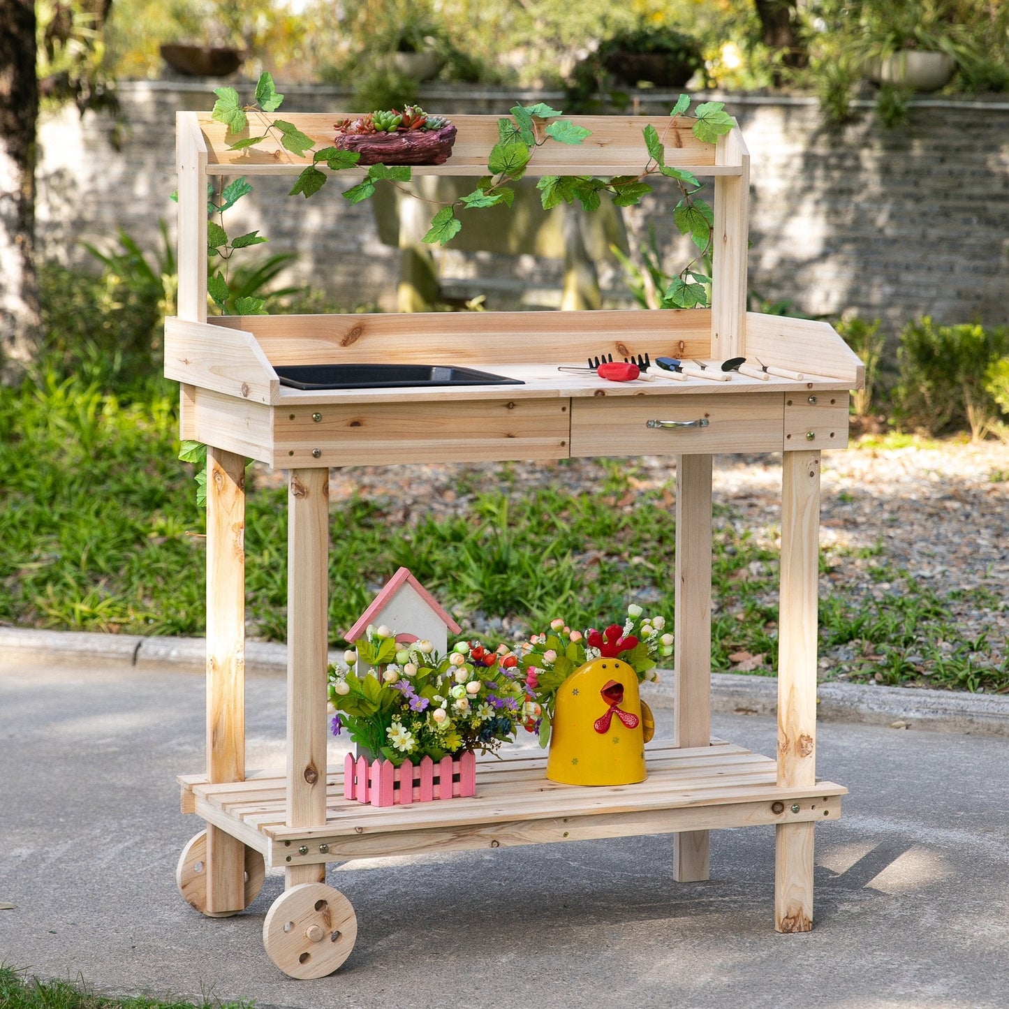 -Outsunny 36'' Wooden Potting Bench Work Table with 2 Removable Wheels, Sink, Drawer & Large Storage Spaces, Natural - Outdoor Style Company