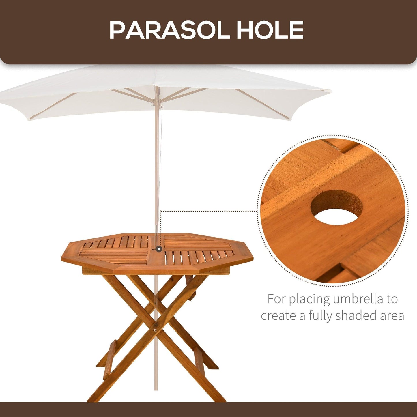 '-Outsunny 39" Acacia Wood Outdoor Dining Table, Octagon Patio Table with Umbrella Hole, Teak - Outdoor Style Company