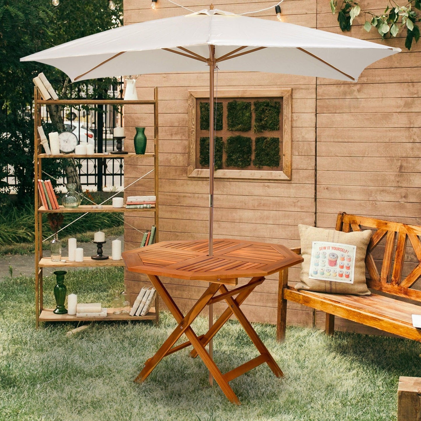 '-Outsunny 39" Acacia Wood Outdoor Dining Table, Octagon Patio Table with Umbrella Hole, Teak - Outdoor Style Company