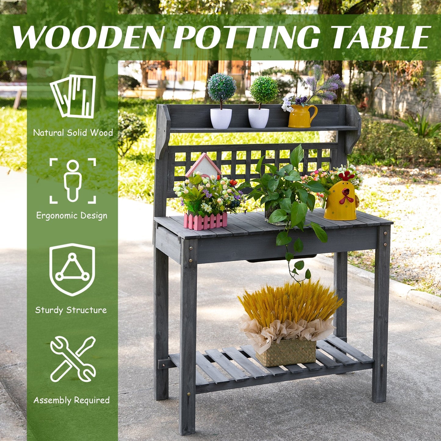 -Outsunny 39'' Wooden Garden Potting Bench Work Table with Hidden Storage, Sliding Tabletop, Below Clapboard, Upper Shelf, Grey - Outdoor Style Company