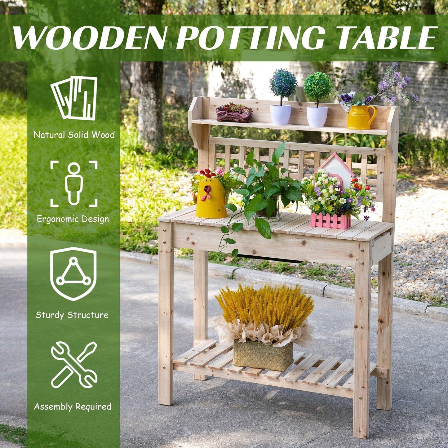 '-Outsunny 39'' Wooden Garden Potting Bench Work Table with Hidden Storage, Sliding Tabletop, Below Clapboard, Upper Shelf, Natural - Outdoor Style Company