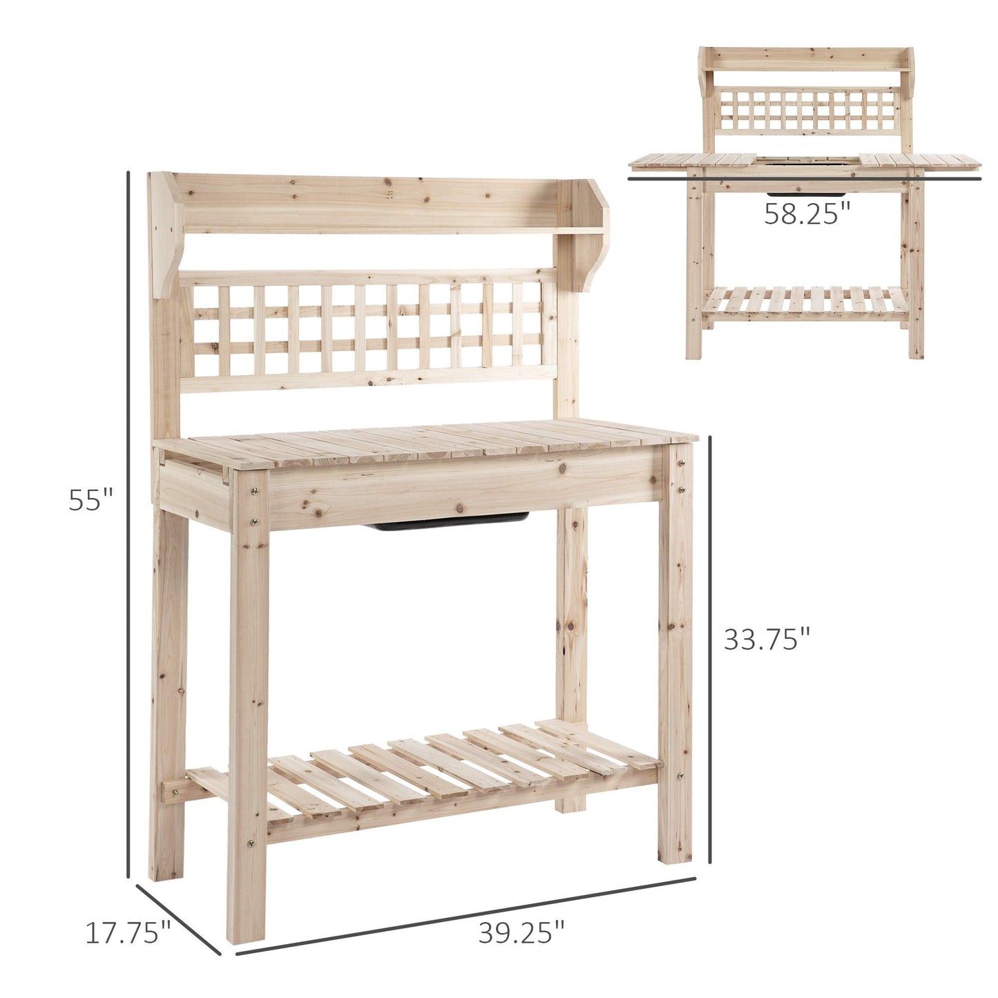 '-Outsunny 39'' Wooden Garden Potting Bench Work Table with Hidden Storage, Sliding Tabletop, Below Clapboard, Upper Shelf, Natural - Outdoor Style Company