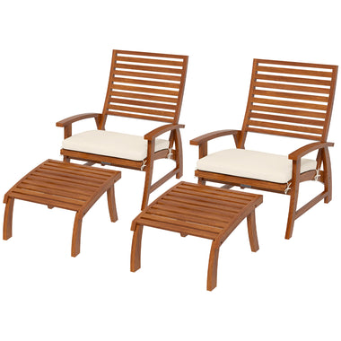 -Outsunny 4 PCs Acacia Patio Chairs with Footstool, Cushion, Cream White - Outdoor Style Company