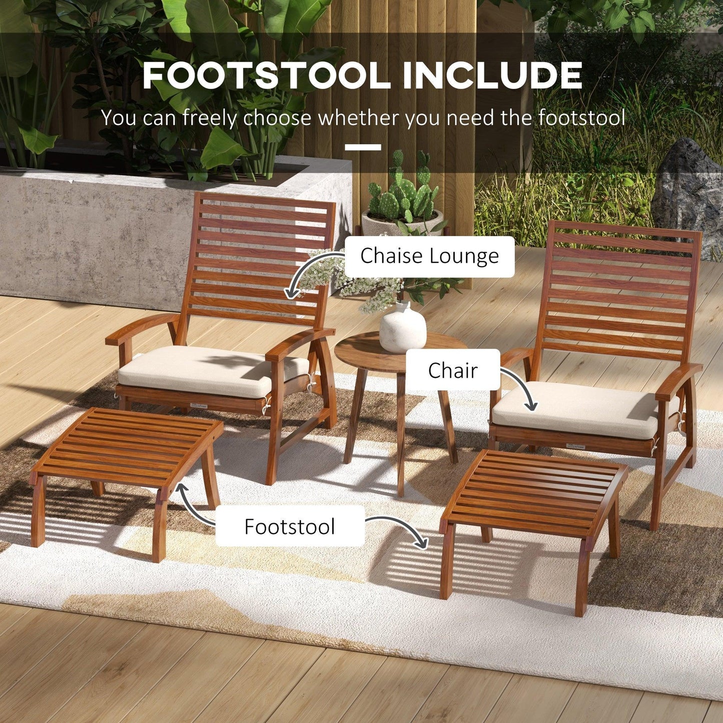 '-Outsunny 4 PCs Acacia Patio Chairs with Footstool, Cushion, Cream White - Outdoor Style Company