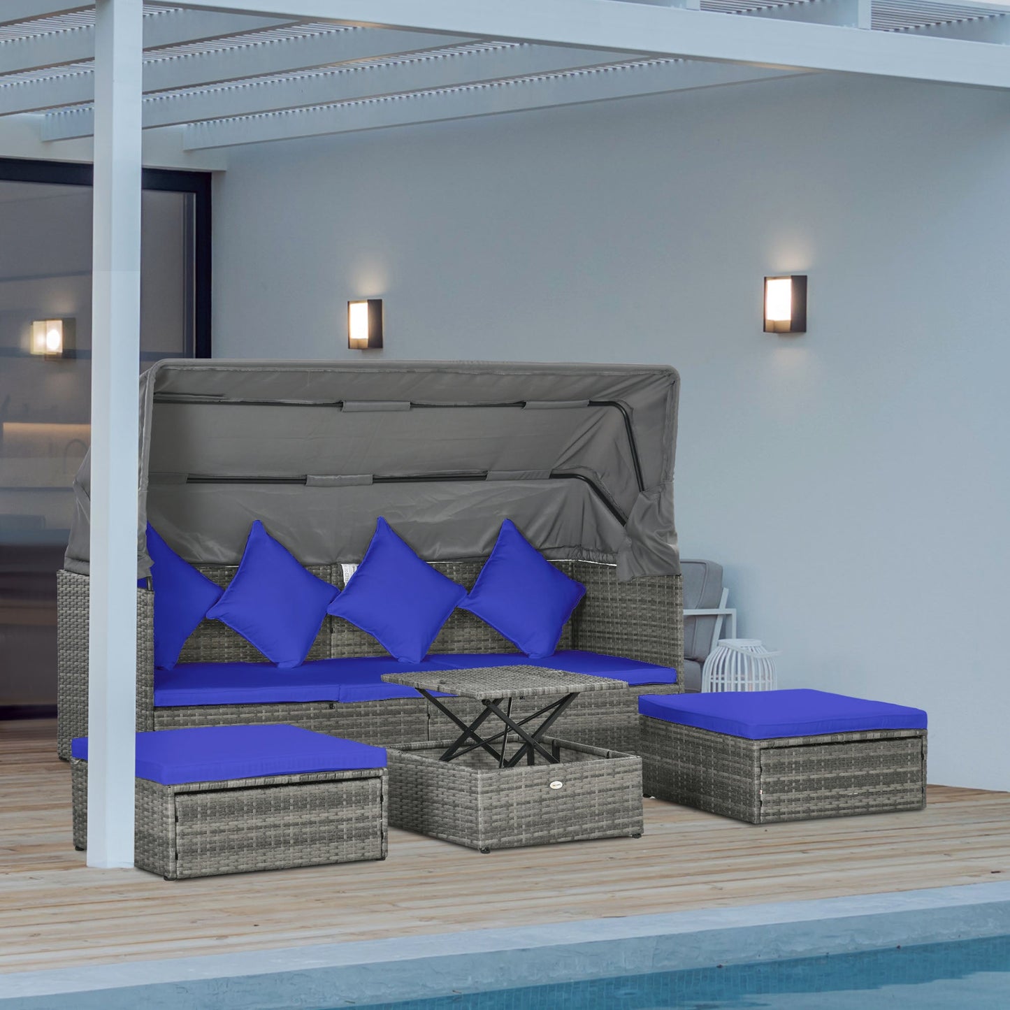 '-Outsunny 4 Piece Adjustable Canopy Outdoor Rattan Sofa Set w/ Height Adjustable Coffee Table & Cushions Dark Blue - Outdoor Style Company