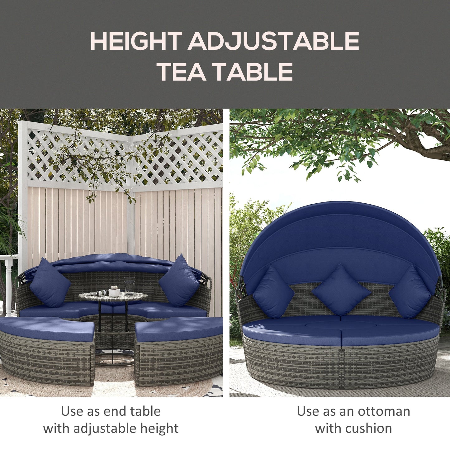 '-Outsunny 4-piece Outdoor Daybed with Canopy, Round Rattan Patio Furniture Set with Extending Tea Table, Cushions, Pillows - Outdoor Style Company