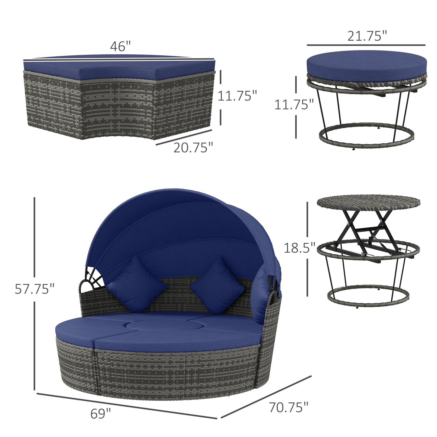 '-Outsunny 4-piece Outdoor Daybed with Canopy, Round Rattan Patio Furniture Set with Extending Tea Table, Cushions, Pillows - Outdoor Style Company