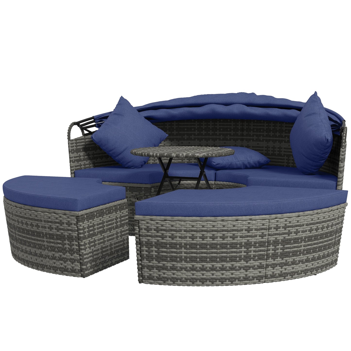 '-Outsunny 4-piece Outdoor Daybed with Canopy, Round Rattan Patio Furniture Set with Extending Tea Table, Cushions, Pillows - Outdoor Style Company