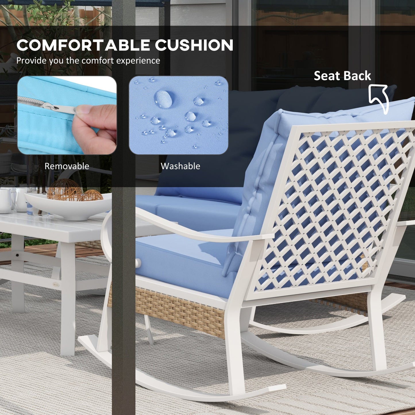 Coffee Tables - Outsunny 4 - Piece Patio Furniture Set with Loveseat Sofa, Rocking Chairs, Coffee Table, Cushions, for Backyard, Lawn and Pool, Light Blue - Outdoor Style Company