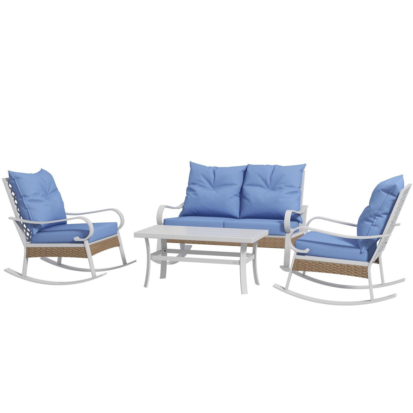 Coffee Tables - Outsunny 4 - Piece Patio Furniture Set with Loveseat Sofa, Rocking Chairs, Coffee Table, Cushions, for Backyard, Lawn and Pool, Light Blue - Outdoor Style Company