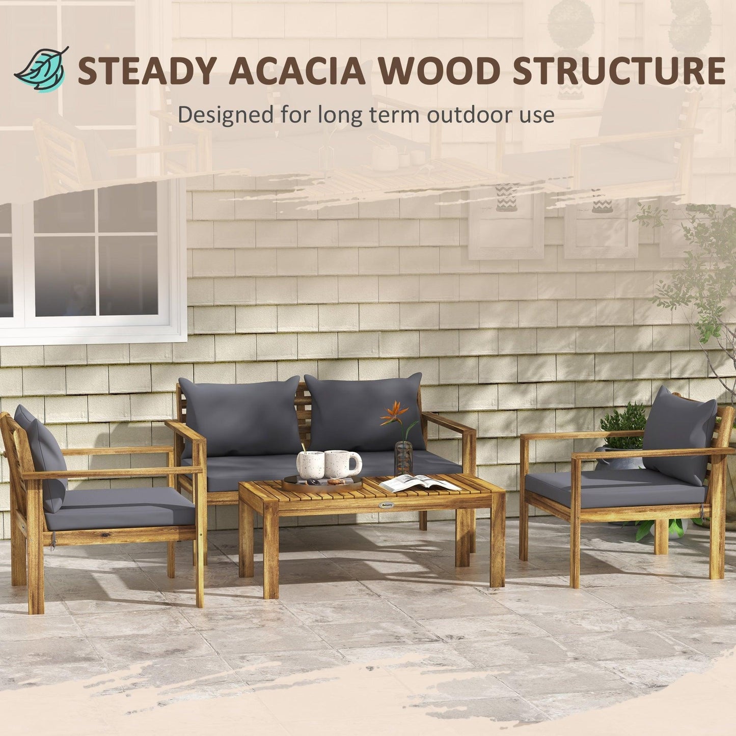 '-Outsunny 4 Piece Patio Sofa Set, Acacia Wood Outdoor Furniture with Cushions, Table, Backyard Lawn Porch Sofa, Natural - Outdoor Style Company