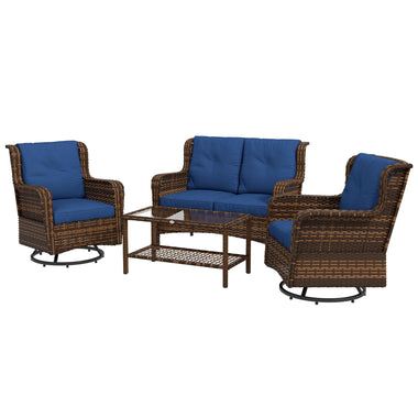 Reclining Lounge Chairs - Outsunny 4 Piece Rattan Patio Furniture Set, Conversation Set with Swivel Rocking Chairs, Table & Loveseat for Garden, Patio, Blue - Outdoor Style Company
