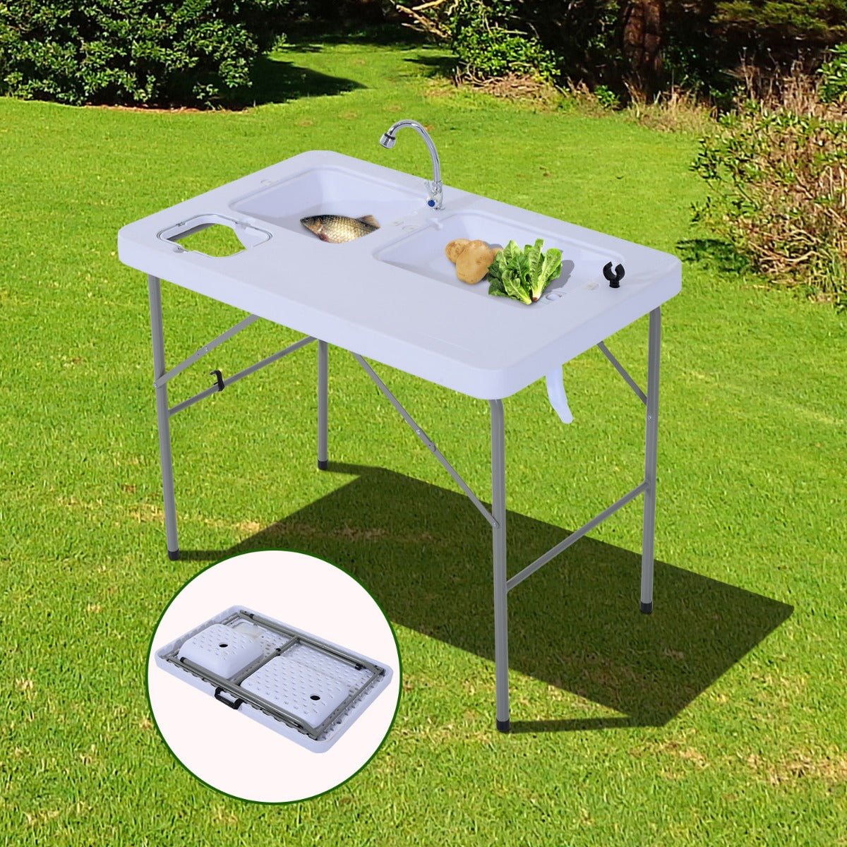 -Outsunny 40" Portable Camping Table with Faucet Folding Sink Table Portable Folding Easy-Clean with 2 Water Basins for Backyard Parties & Events - Outdoor Style Company