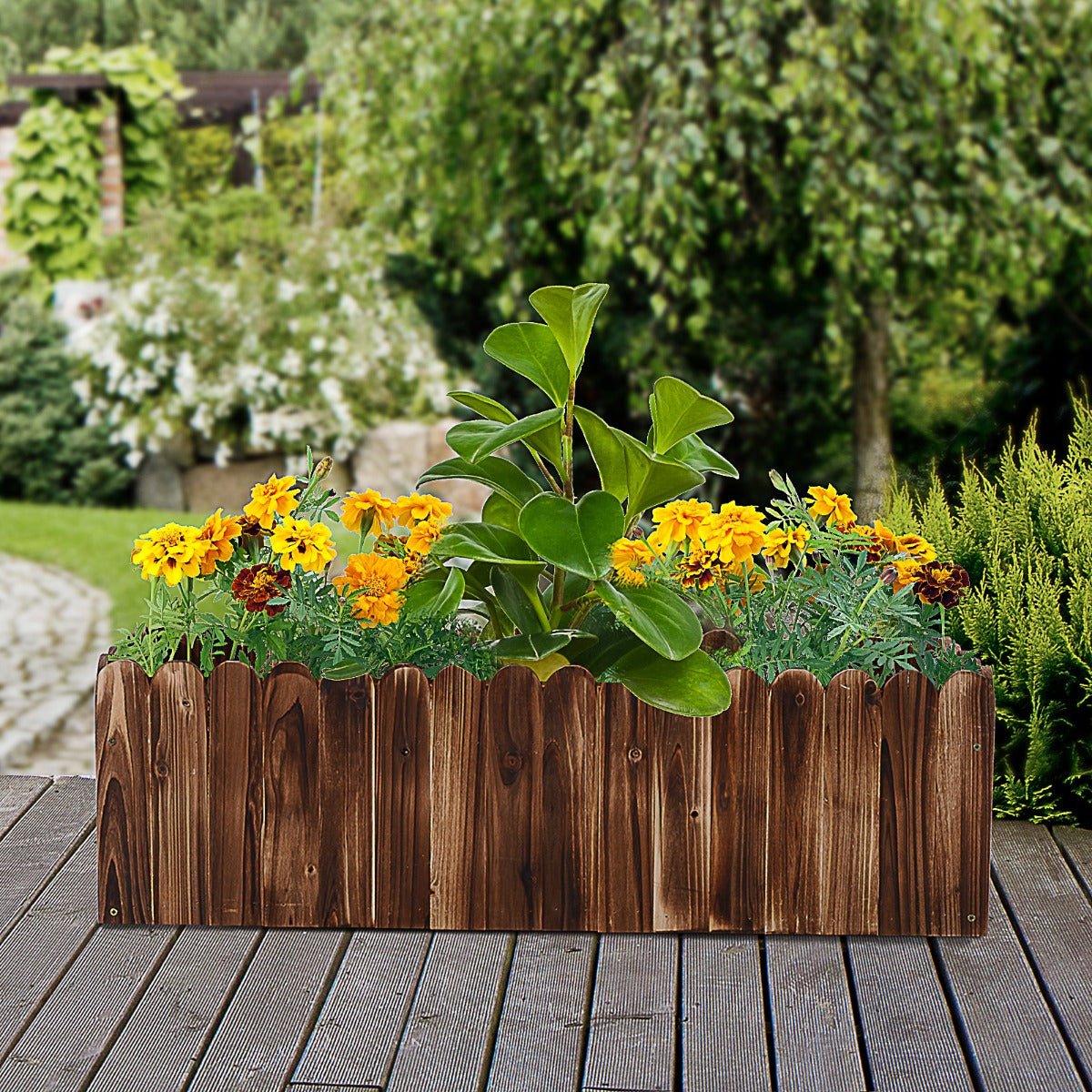 '-Outsunny 40" x 16" x 12" Raised Planter Box Garden Scalloped Edge Wooden - Outdoor Style Company