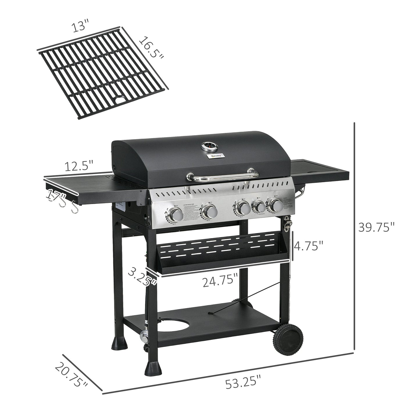 -Outsunny 4+1 Burner Propane Gas Grill, 40,000 BTU Outdoor BBQ Trolley with Warming Rack, Shelves, Bottle Opener, Thermometer - Outdoor Style Company