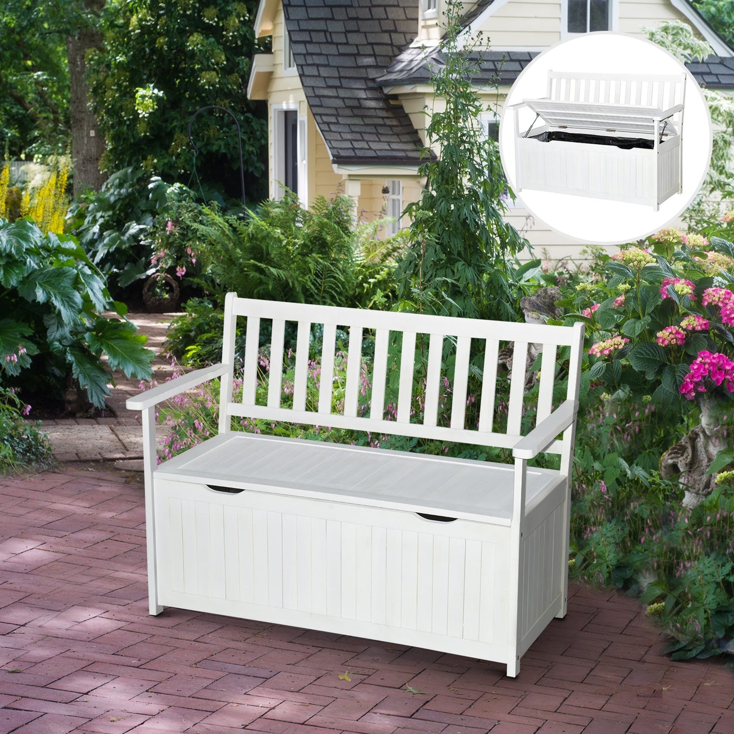 -Outsunny 41 Gallon Outdoor Storage Bench, Wooden Deck Box with Inner waterproof PE Lining, 2-Seat Container Perfect for Patio Garden, White - Outdoor Style Company