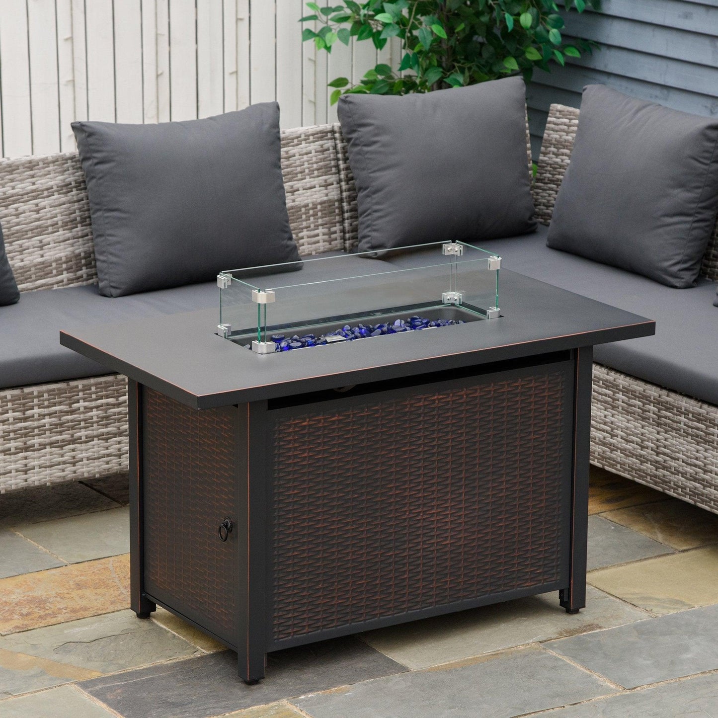 '-Outsunny 43" Propane Gas Fire Pit Table, 50,000BTU Wicker Auto Ignition Gas Firepit with Glass Wind Guard, Blue Glass Rock and Lid, CSA Certification - Outdoor Style Company