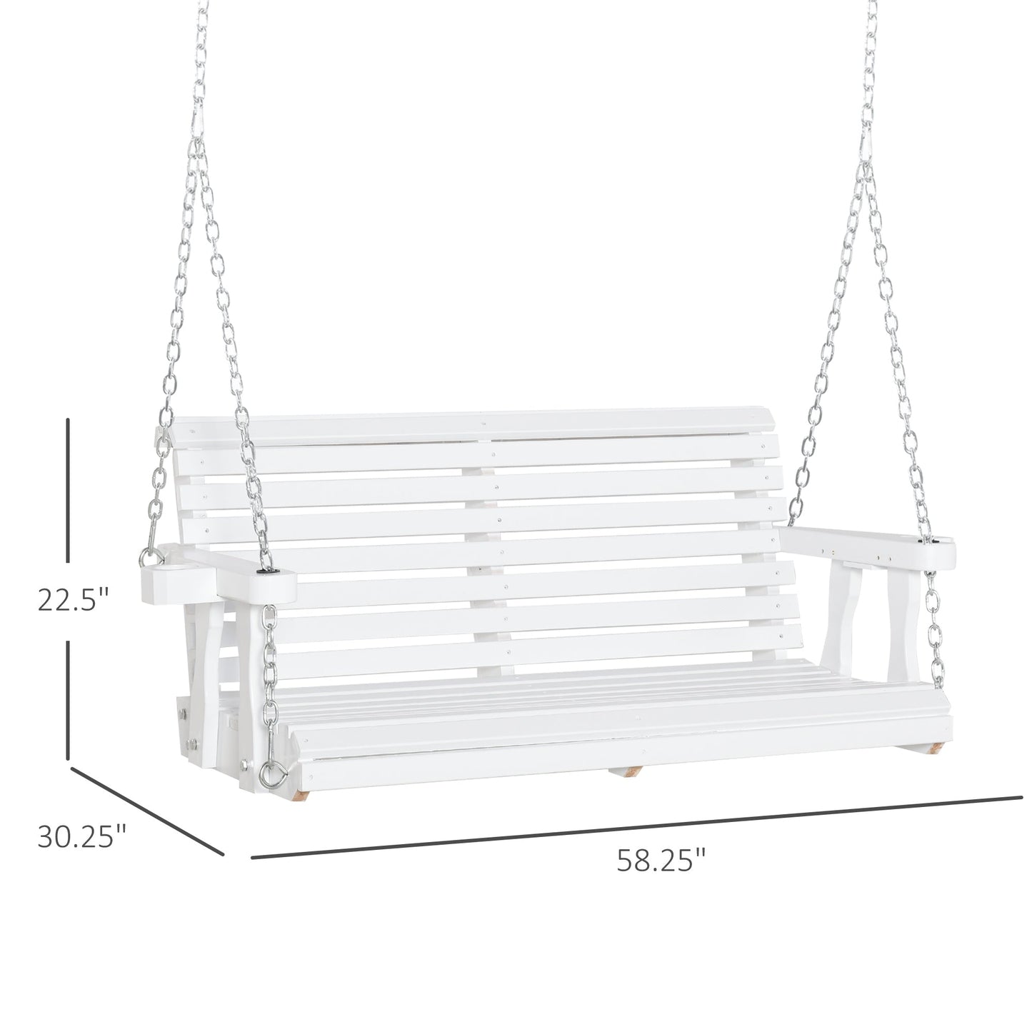 '-Outsunny 46" 2-Person Porch Swing Wooden Patio Swing Bench with Cup Holders, Slatted Design, & Chains Included, 440lb Weight Capacity, White - Outdoor Style Company