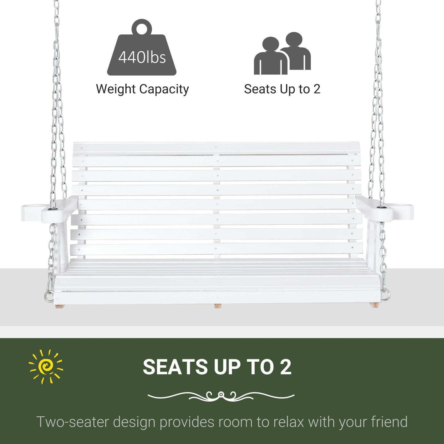 '-Outsunny 46" 2-Person Porch Swing Wooden Patio Swing Bench with Cup Holders, Slatted Design, & Chains Included, 440lb Weight Capacity, White - Outdoor Style Company