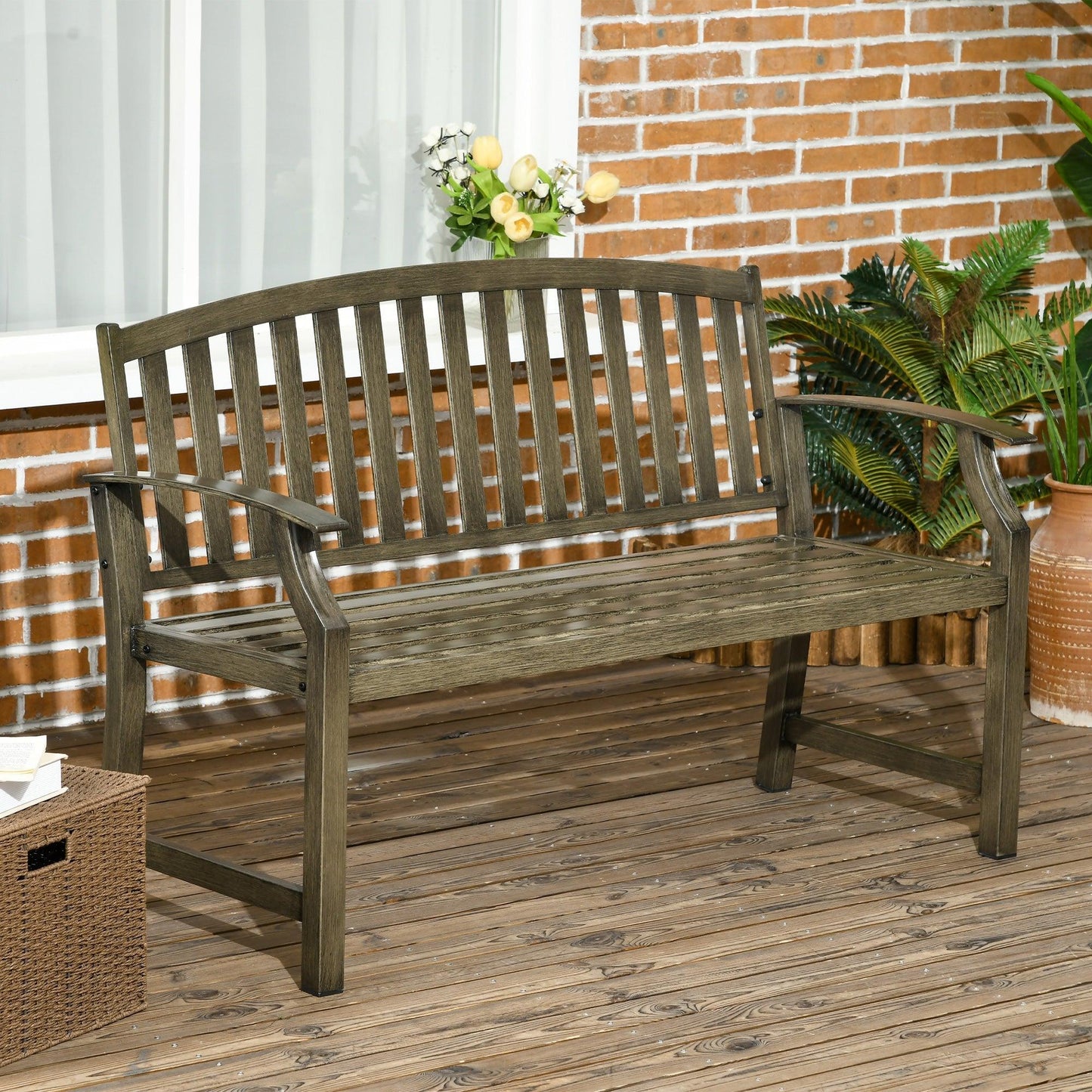 '-Outsunny 46" Outdoor Garden Bench, Metal Bench, Steel Slatted Frame Furniture for Patio, Park, Porch, Lawn, Yard, Deck, Black - Outdoor Style Company