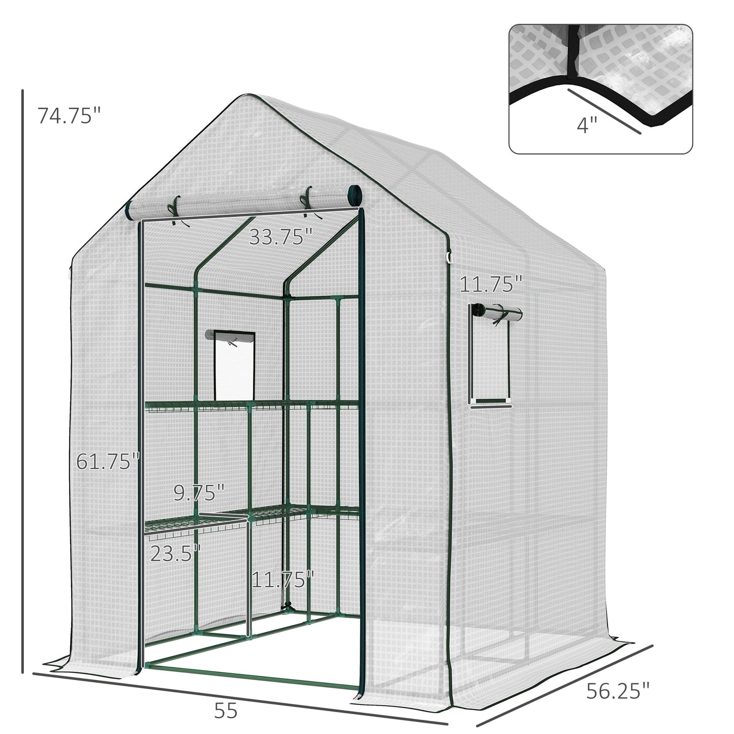 '-Outsunny 4.6' x 4.7' Portable Greenhouse, Water/UV Resistant Walk-In Hot House w/ 2 Tier U-Shape Flower Rack, Roll Up Door, Ventilating Windows, White - Outdoor Style Company