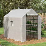 '-Outsunny 4.6' x 4.7' Portable Greenhouse, Water/UV Resistant Walk-In Hot House w/ 2 Tier U-Shape Flower Rack, Roll Up Door, Ventilating Windows, White - Outdoor Style Company