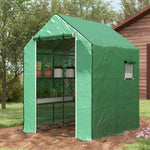 '-Outsunny 4.6' x 4.7' Portable Greenhouse, Water/UV Resistant Walk-In Hot House w/ 2 Tier U-Shape Flower Rack, Roll Up Door, Windows, Green - Outdoor Style Company