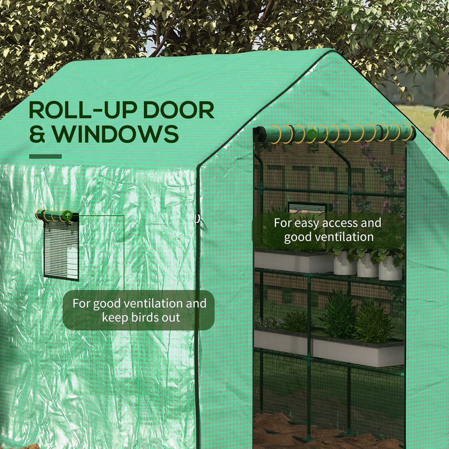 '-Outsunny 4.6' x 4.7' Portable Greenhouse, Water/UV Resistant Walk-In Hot House w/ 2 Tier U-Shape Flower Rack, Roll Up Door, Windows, Green - Outdoor Style Company